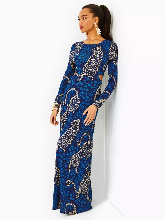 Lilly Pulitzer Dresses & Skirts - Lilly Pulitzer Blue and Gold Leopard-Print Long Sleeve Maxi Dress